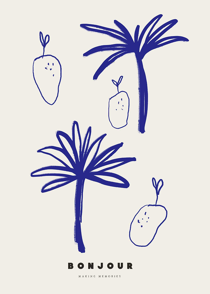 Blue Line Art: Palm Trees and Fruit