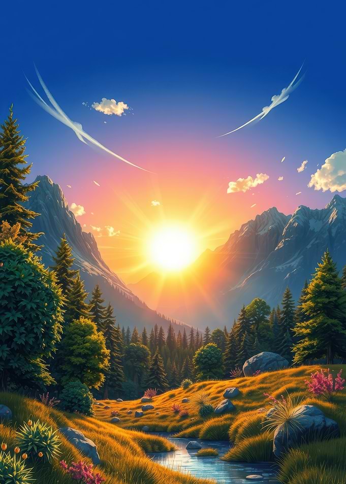 Mountain Landscape at Sunset with Stream