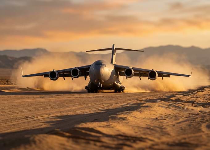 Military Transport Plane Landing in Desert