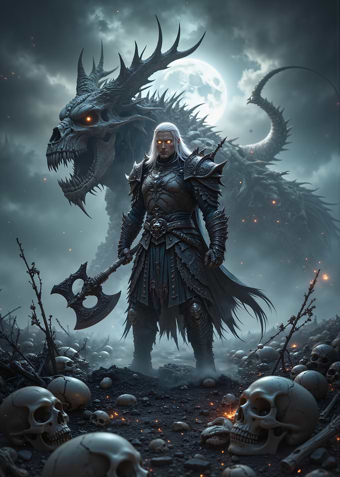 Dark Warrior with Dragon and Skulls