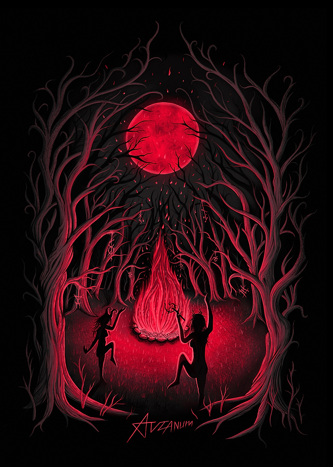 Red Moon Ritual in Dark Forest