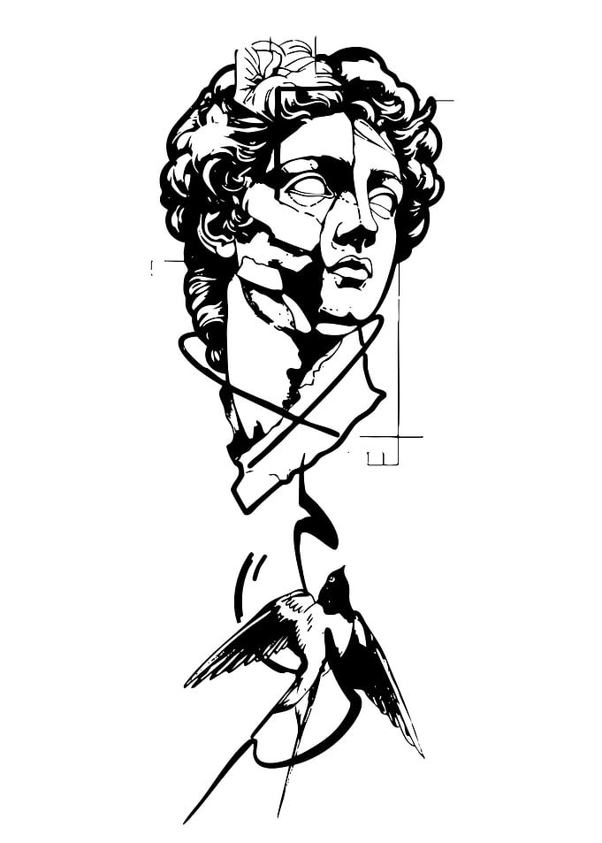 Statue Head and Bird Black and White