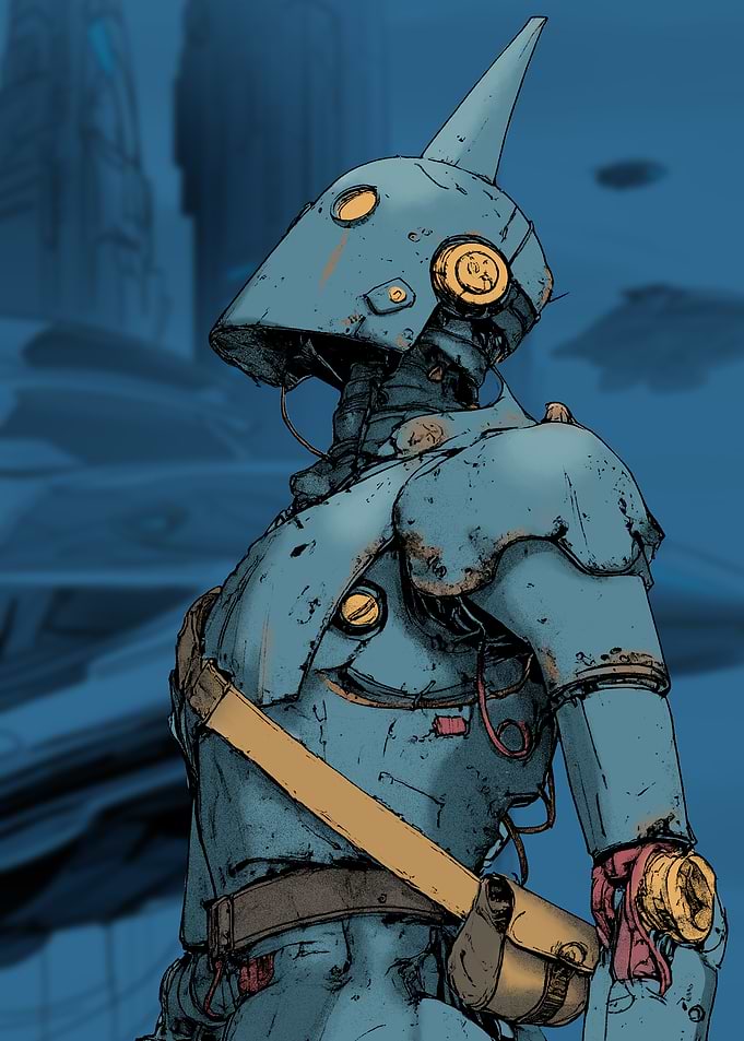 Blue Robot in a Futuristic Cityscape