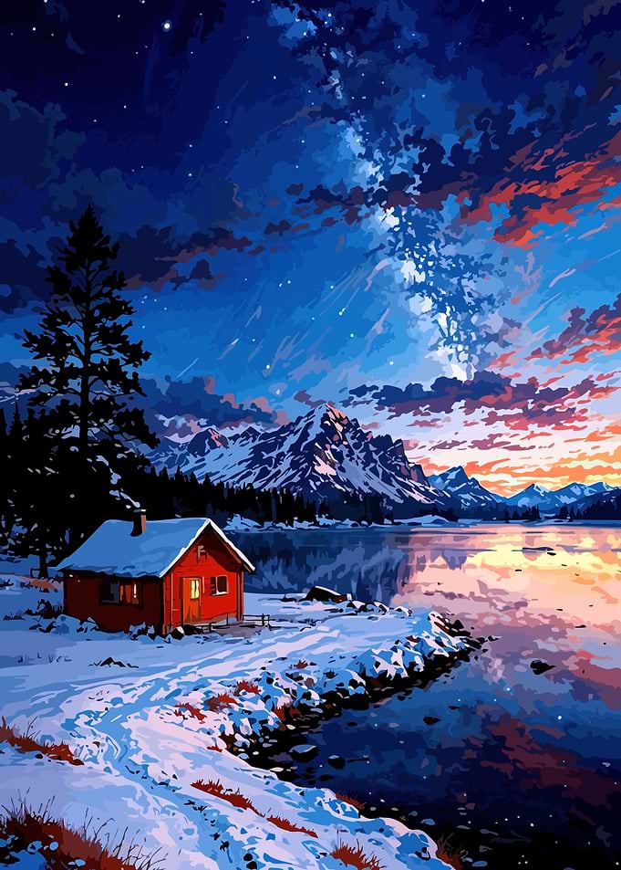 Winter Cabin by Lake at Night