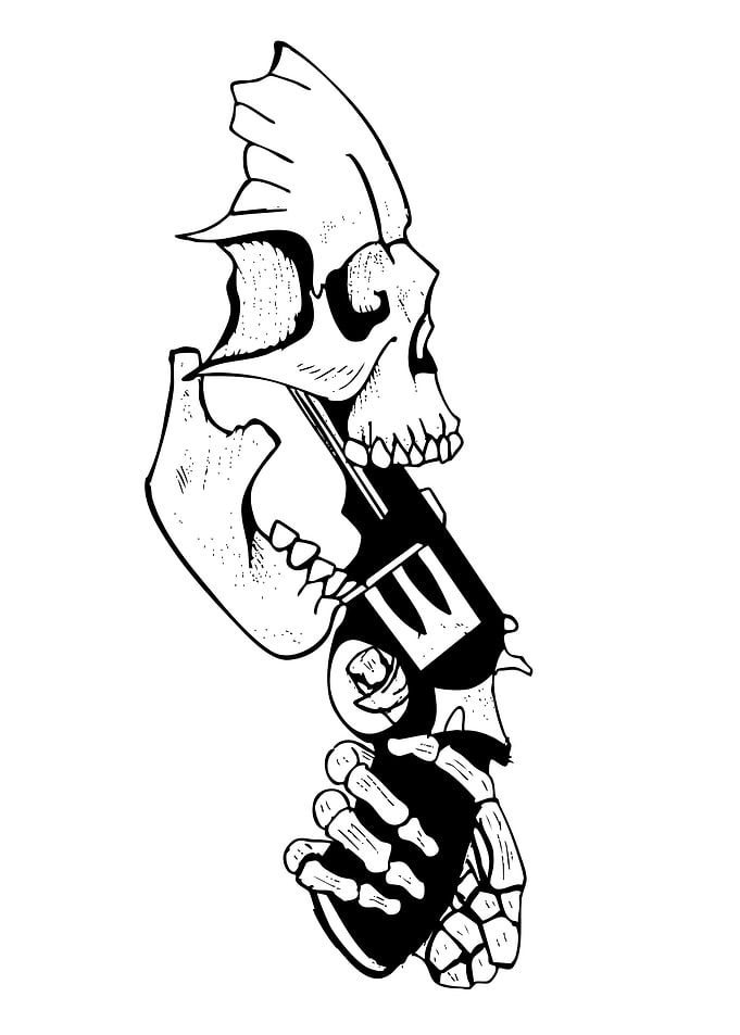 Skull with Gun Black and White Art
