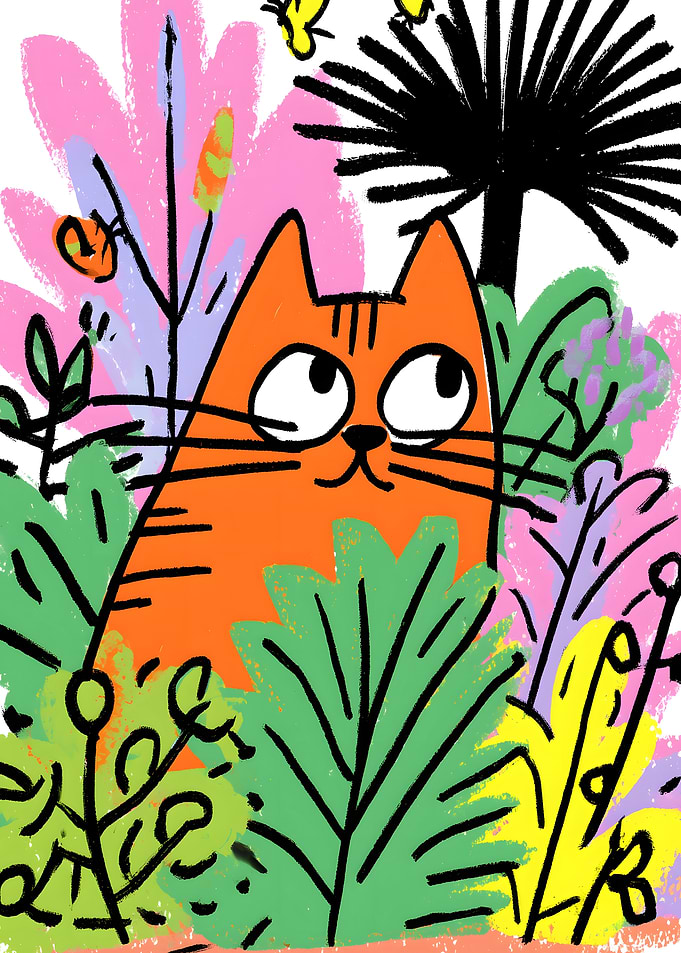 Orange Cat in Colorful Jungle Illustration