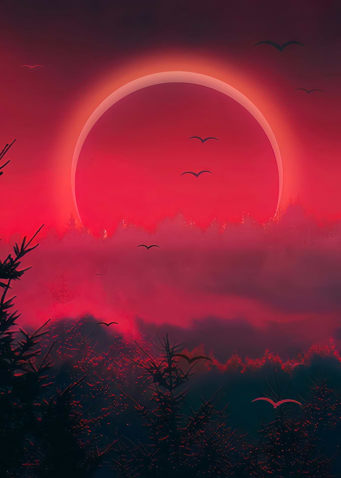 Red Eclipse Over Forest