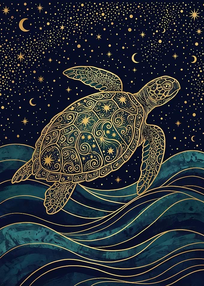 Ornate Turtle in Starry Night Sea