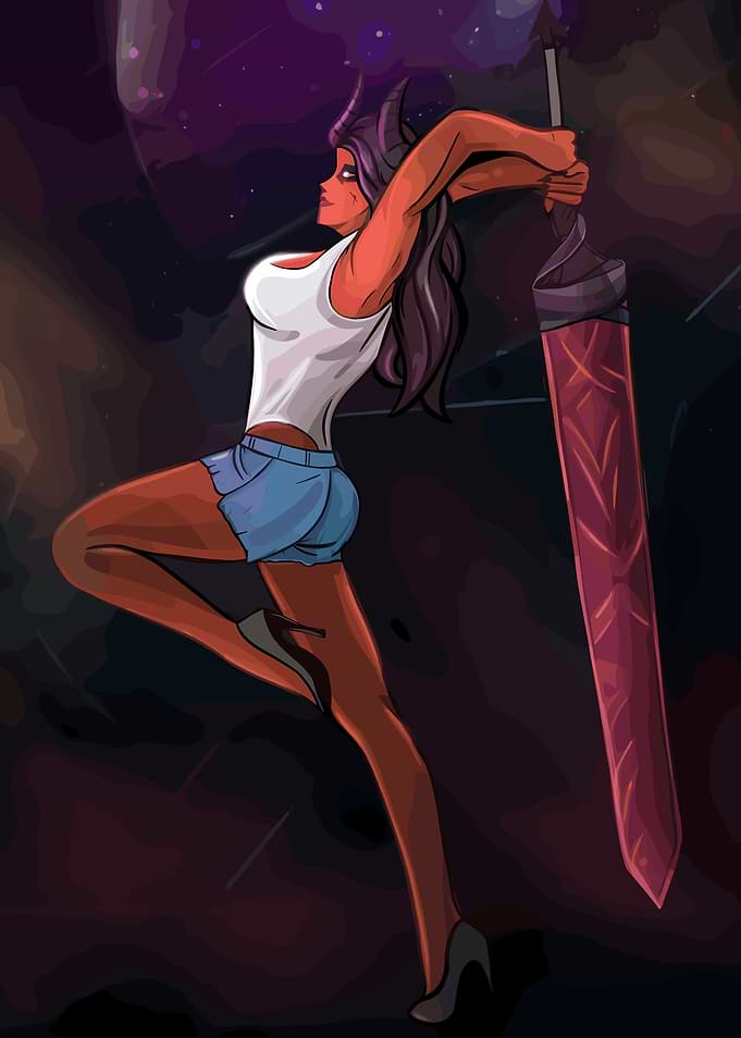 Demon Girl with Sword in Space
