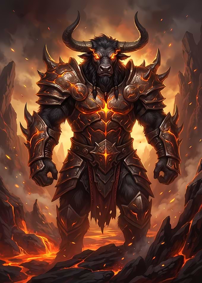 Armored Minotaur in Volcanic Landscape