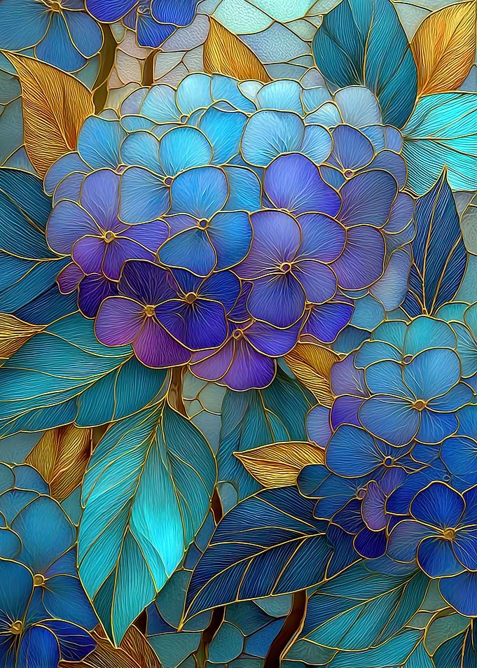 Blue Hydrangea Stained Glass Floral Art