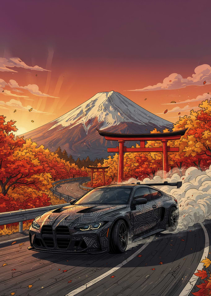 Drifting car with Mount Fuji backdrop