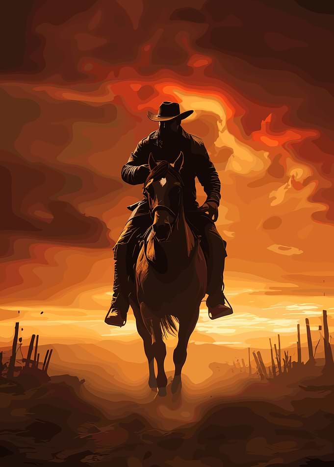 Cowboy on Horseback at Sunset