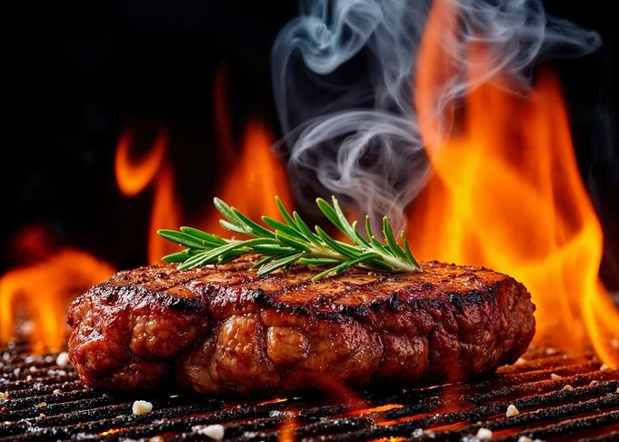 Grilled Steak with Rosemary and Flames