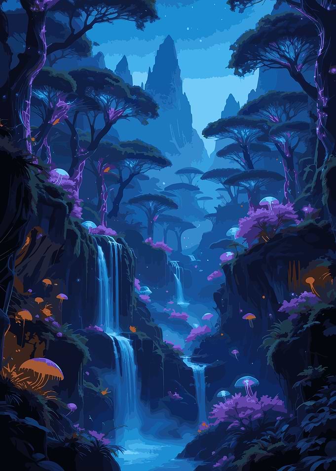 Fantasy Landscape with Waterfalls and Flora