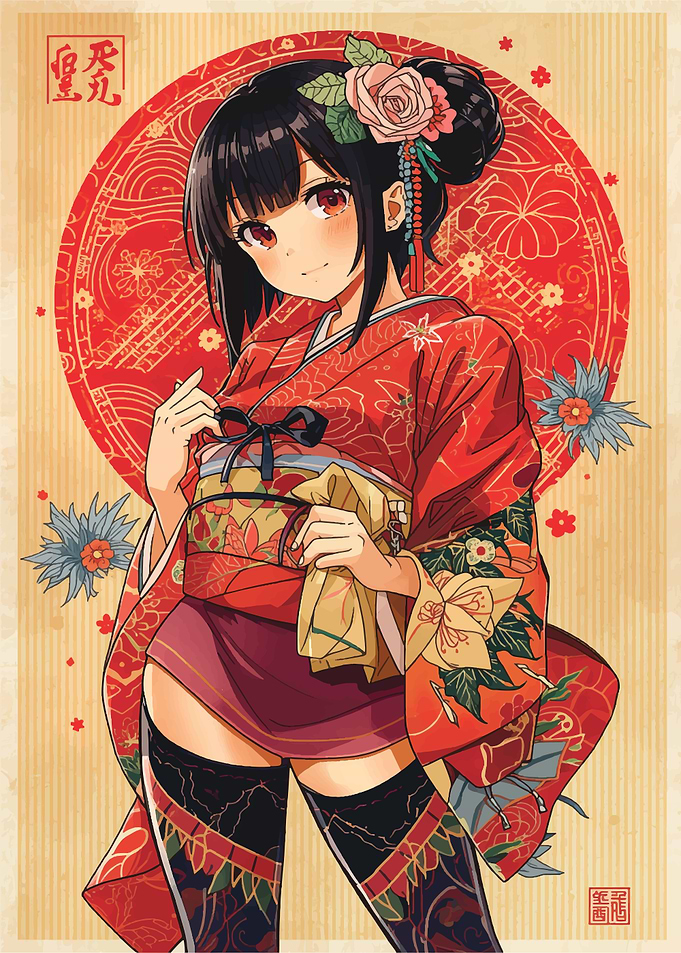 minimalist : Anime Girl in Kimono with Floral Accents