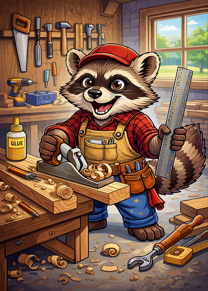 Cartoon Raccoon Carpenter in Workshop