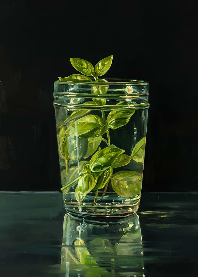 Basil in Glass Still Life Painting