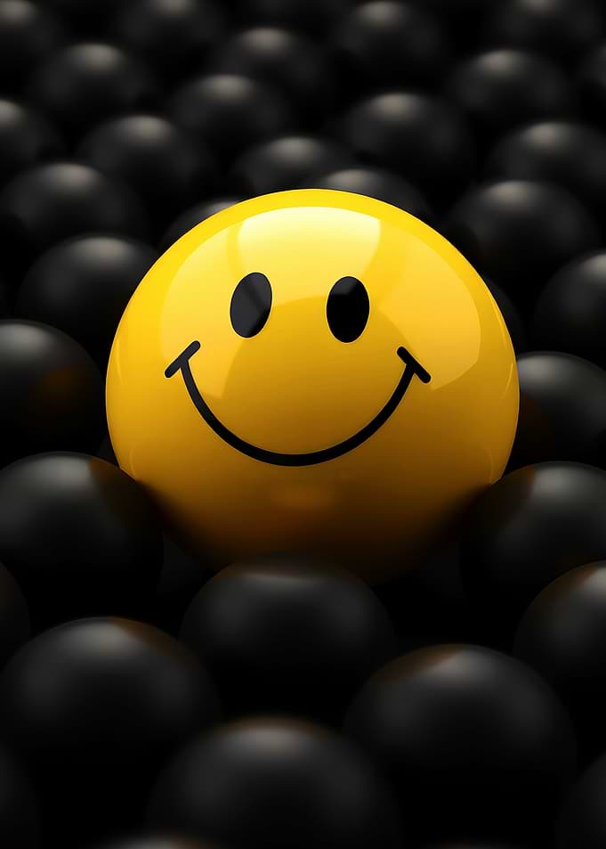 Yellow Smiley Face in Black Spheres