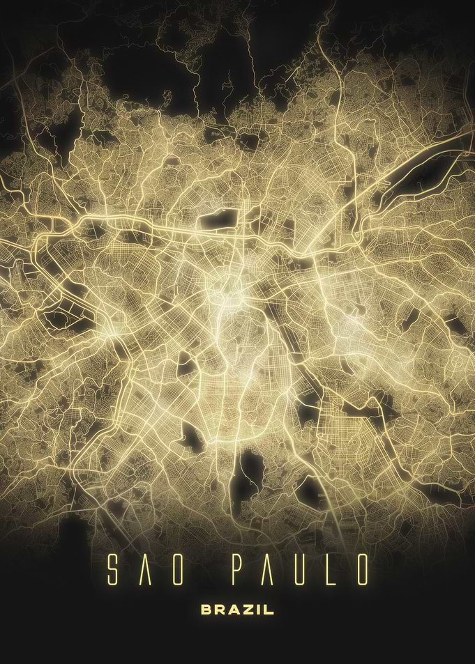 São Paulo, Brazil - Luminous Streets Map Poster, Modern Metal Wall Art