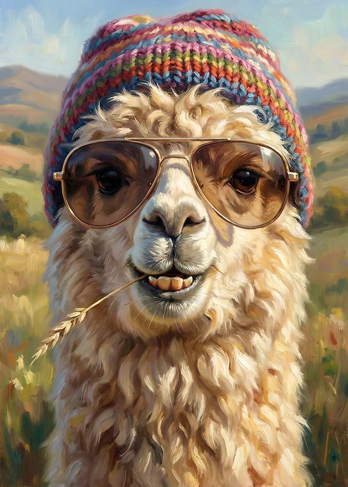 Cool Alpaca Portrait with Hat and Sunglasses