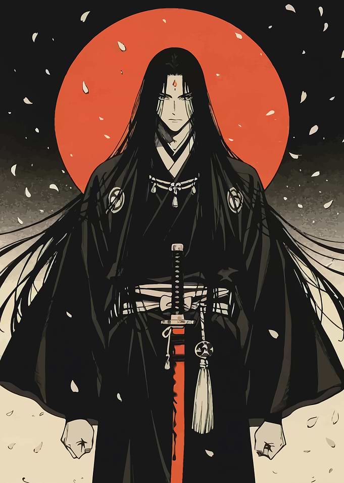 Male Anime Samurai with Katana and Moon