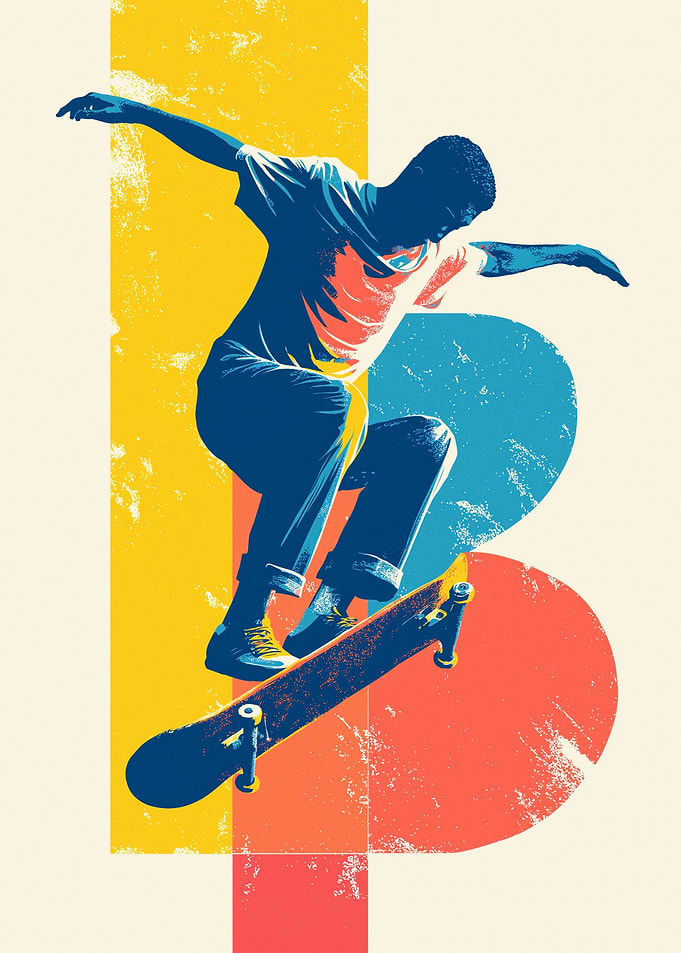 Skateboarder in Action with Geometric Shapes