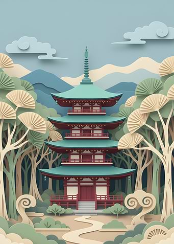 Japanese Pagoda in Paper Cut Style