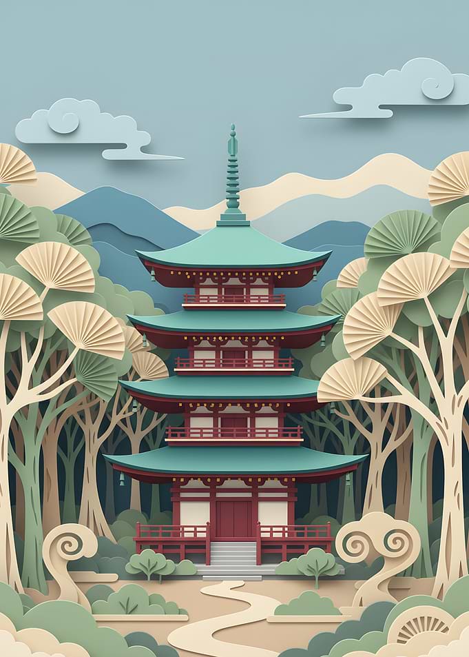 Japanese Pagoda in Paper Cut Style