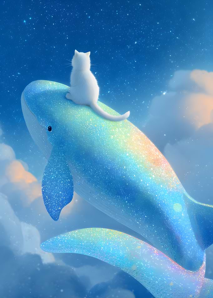 Cat riding a sparkling whale