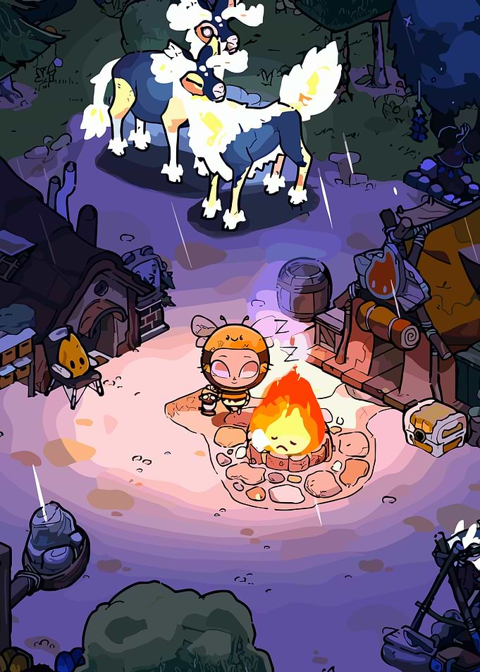 Cozy Campfire Scene with Bee Character