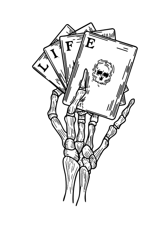 Skeleton Hand Holding LIFE Cards