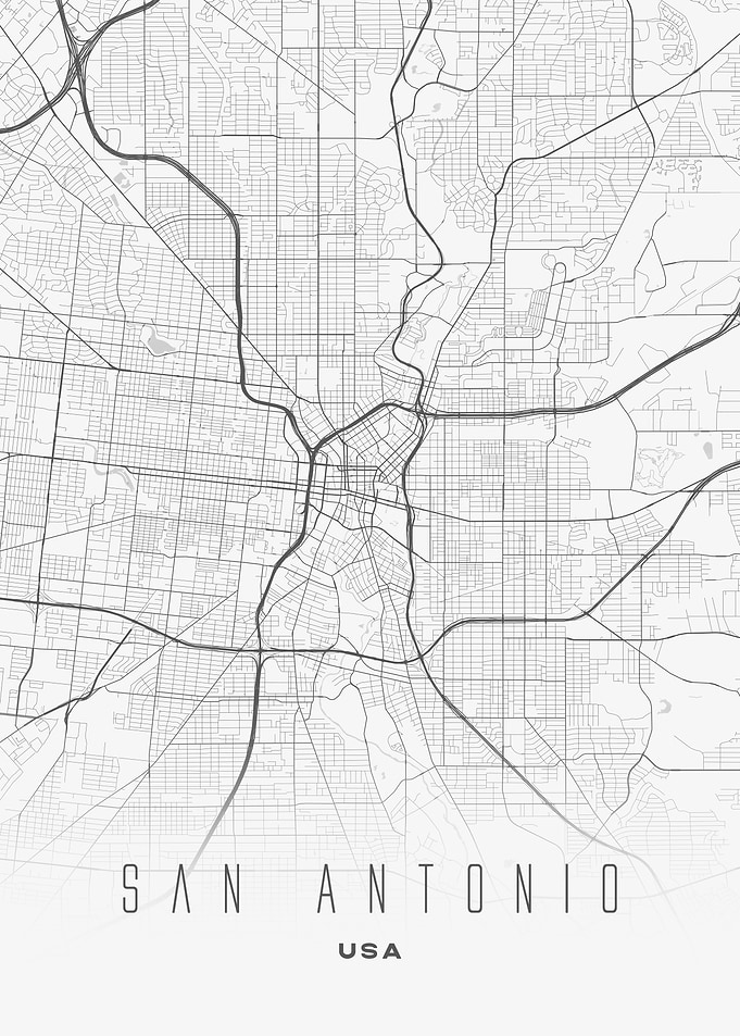 San Antonio, Texas - Minimal White City Map, USA Wall Art Print