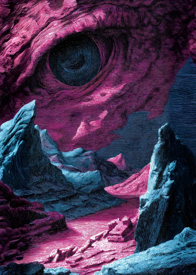 Cosmic Vision Eye Watching Mountains – Surreal Psychedelic Third Eye Spiritual Art Gift