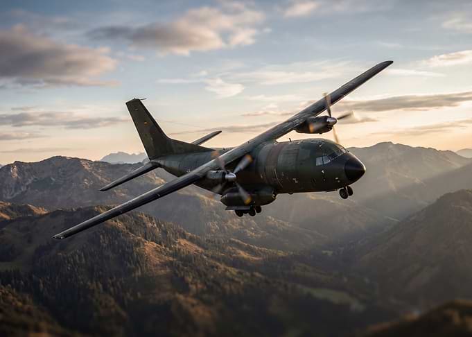 Military transport aircraft flying over mountains