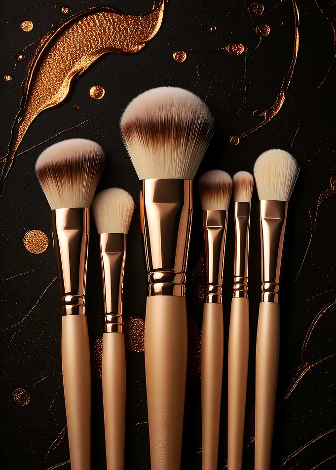 Makeup brushes on black with gold accents