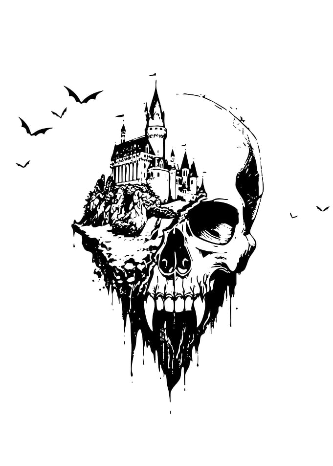 Skull Castle Black and White Art
