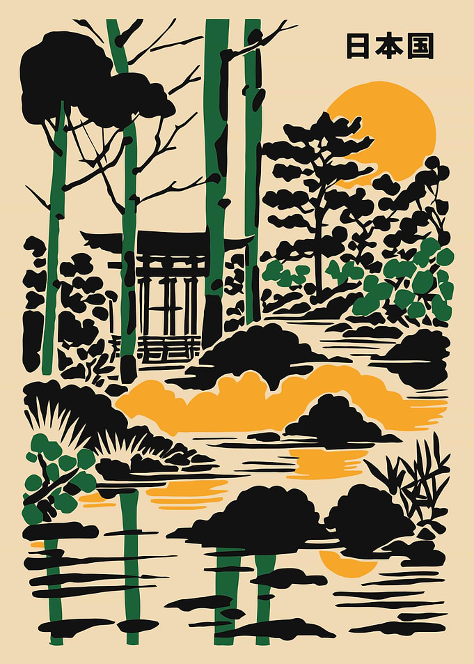 Japanese Garden Illustration with Torii Gate