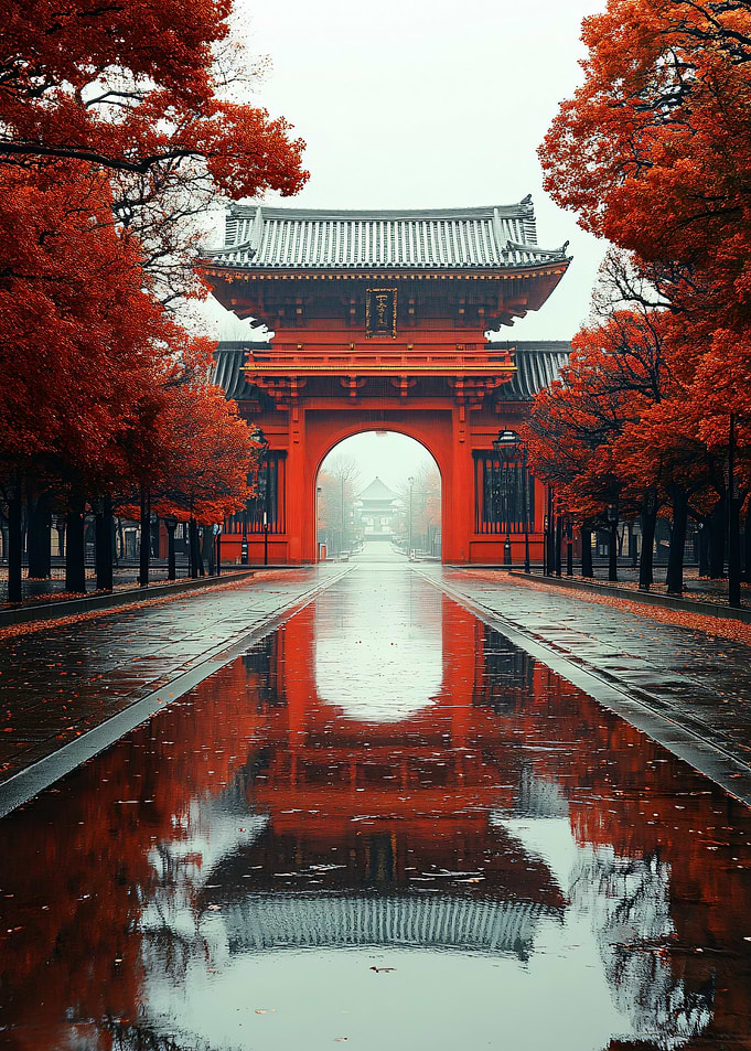 Japanese Temple Gate in Autumn Reflection