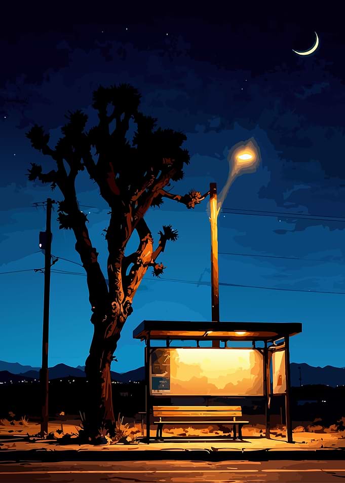 Night Bus Stop Under Crescent Moon