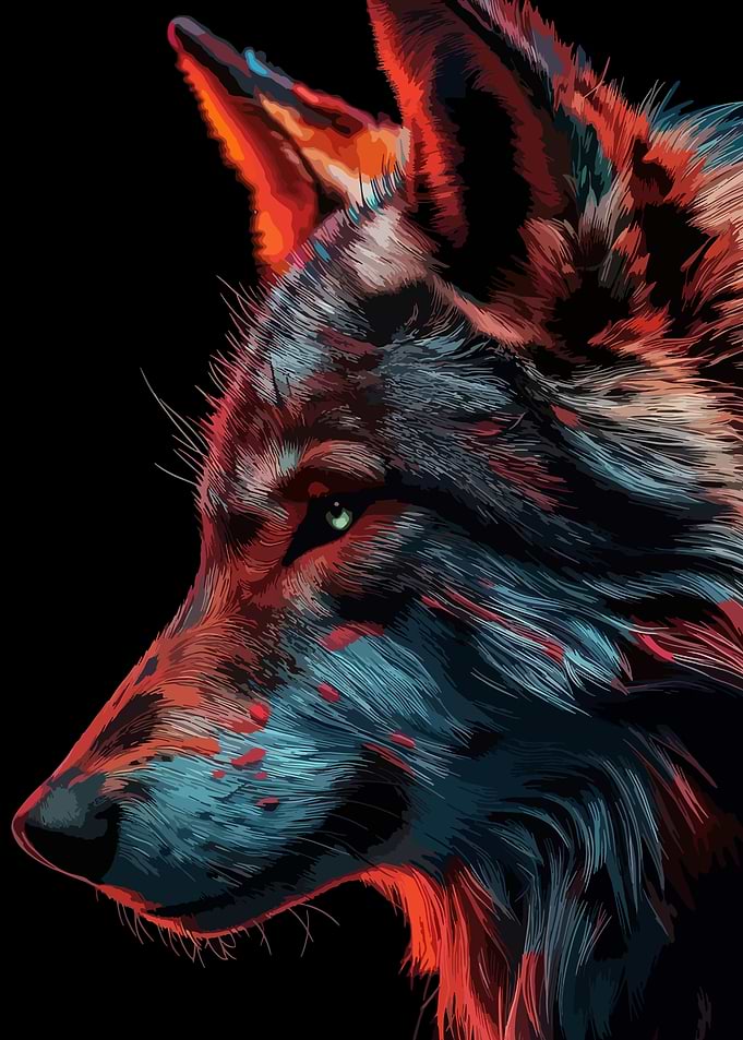 Wolf Portrait with Red and Blue Hues