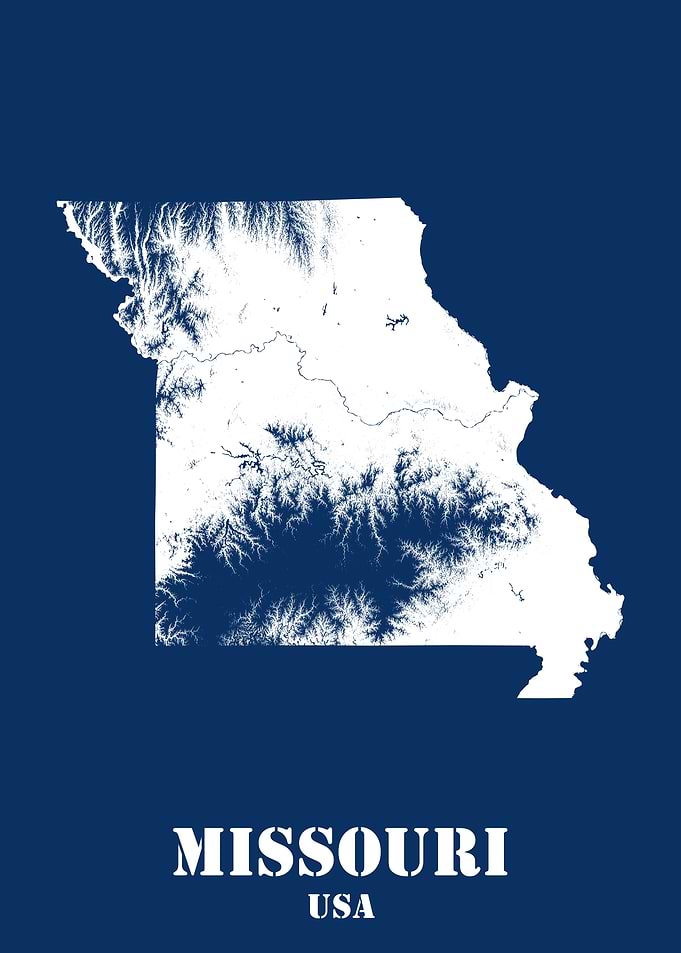 Missouri USA State Minimalist White Topographic Contour Relief Map featuring terrain on navy blue background