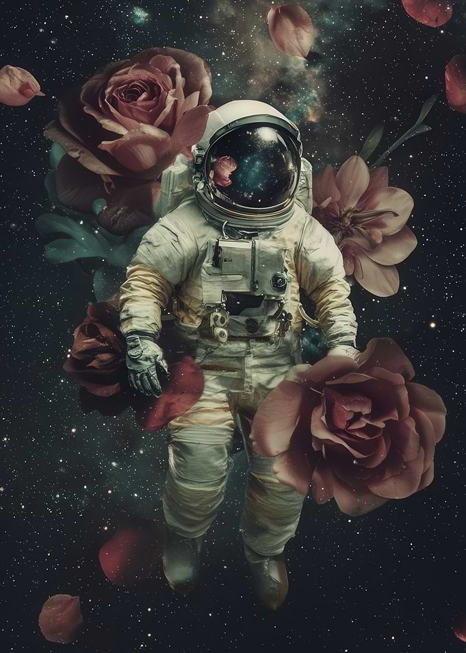 Astronaut in Space with Flowers
