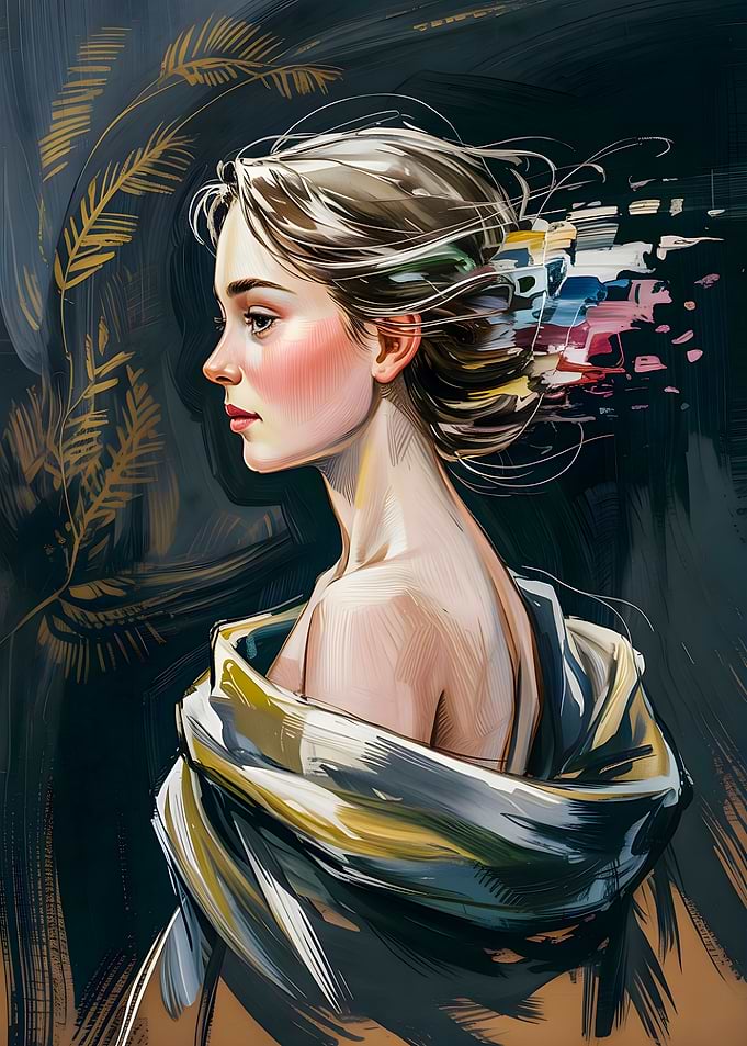 Abstract Painting Poster of a Woman with Colorful Digital Glitch Hair Art