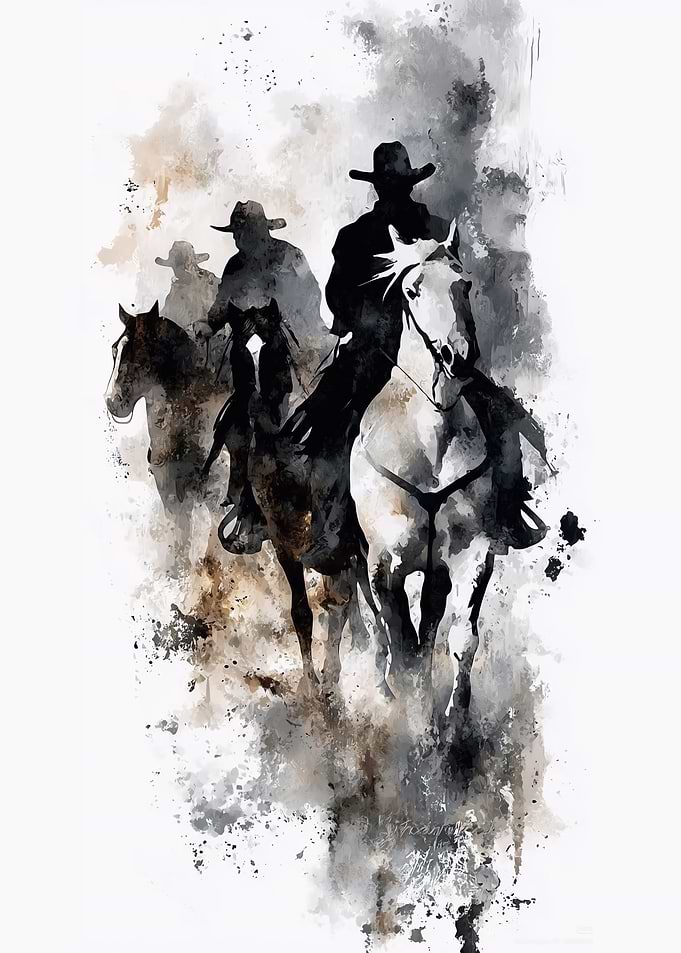 Cowboys on Horseback Watercolor Painting