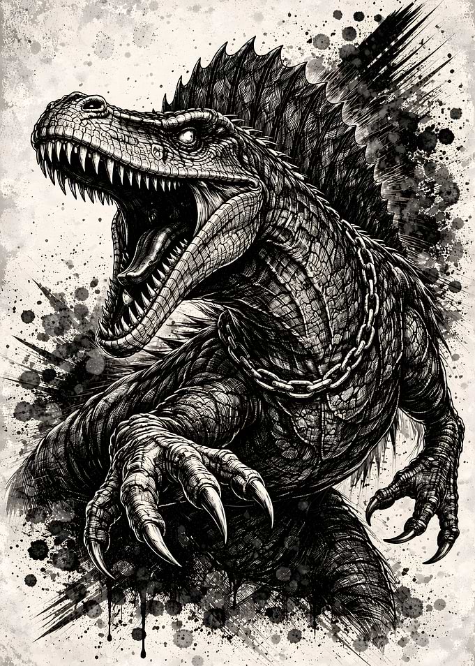 Monochrome Dinosaur with Chain Illustration