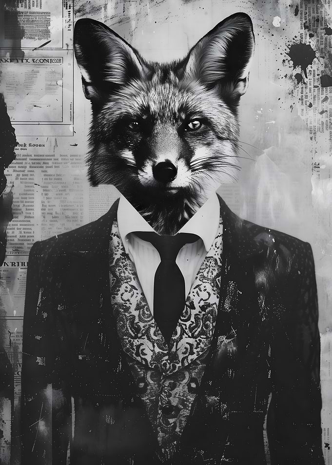 Fox in Suit Black and White