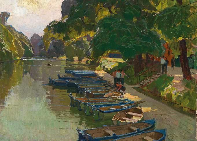 Rowboats on a Riverbank Painting