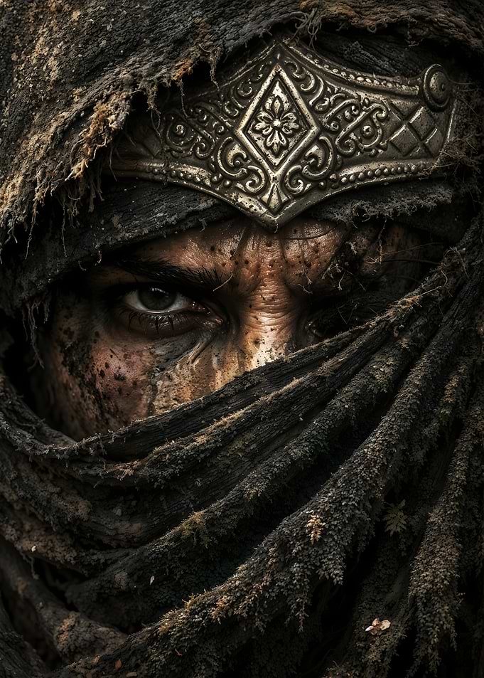 Warrior's Gaze: Intense, Mud-Covered Portrait