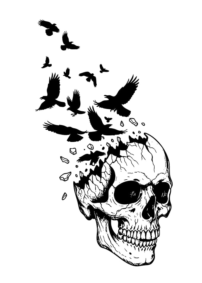 Skull with Birds Black and White